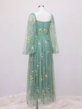 Boho Green Lace Corset Tea Length Prom Dress with Long Sleeves - DollyGown
